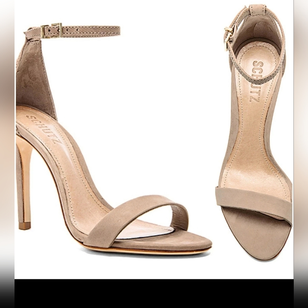 SCHUTZ CADY LEE STRAPPY HEELS, SZ 7.5, CLAY SUEDE